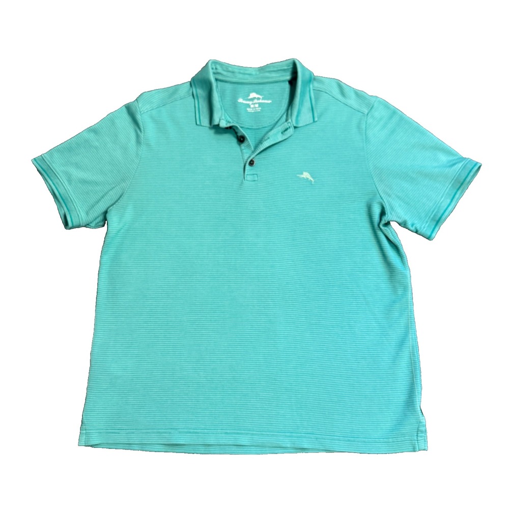 Tommy Bahama Mens M Polo Shirt Green White Striped Short Sleeve Marlin Logo